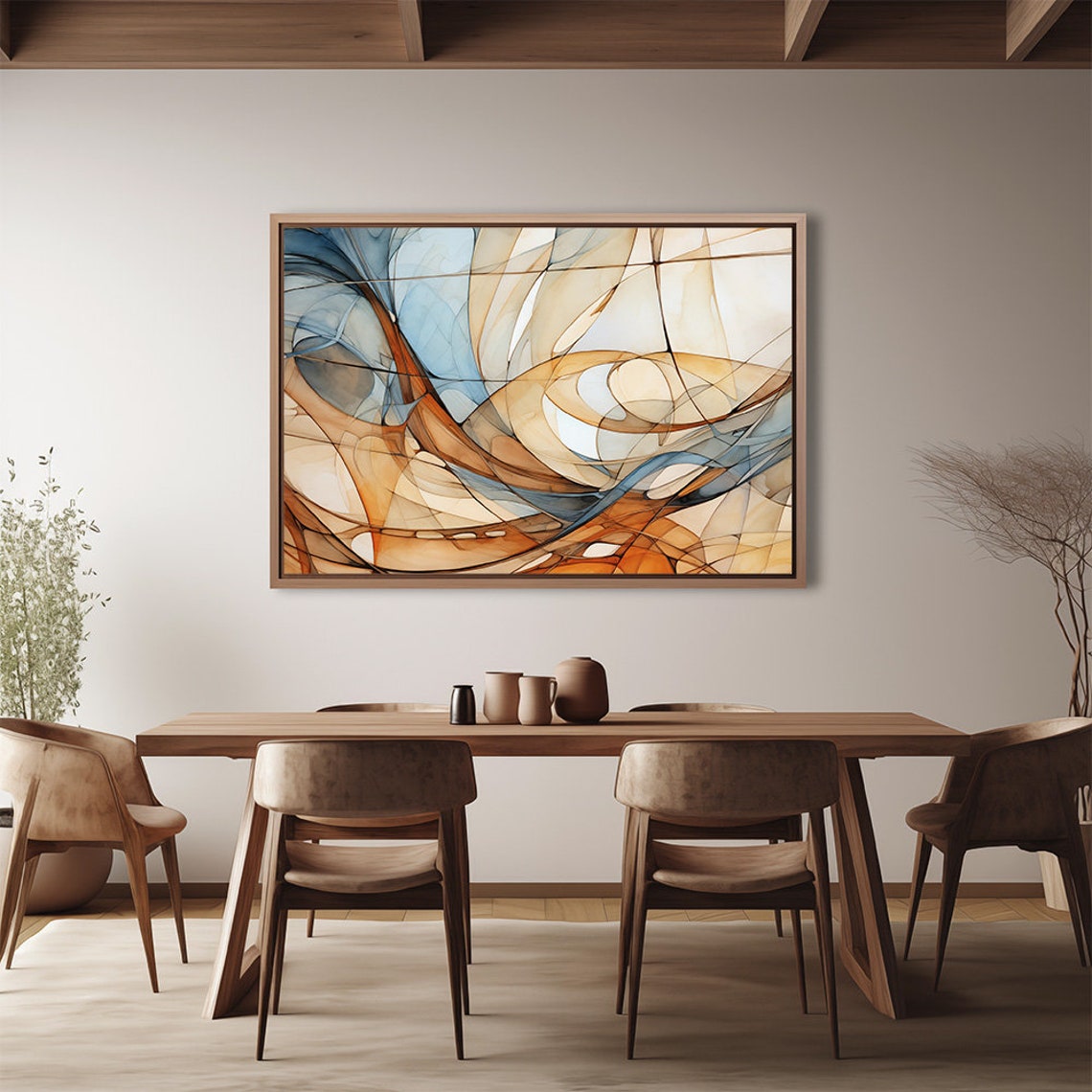 Abstract Amber Blue Flowing Lines Nordic Modern Wide Wall Print