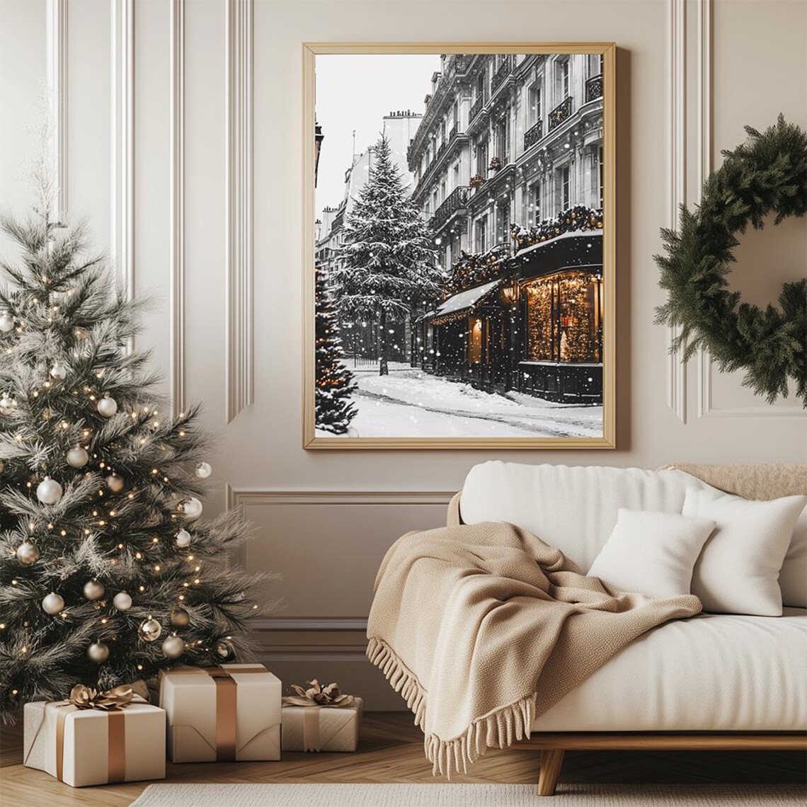 Paris Snowy Winter Christmas Street Black and White Travel Poster - Image 3