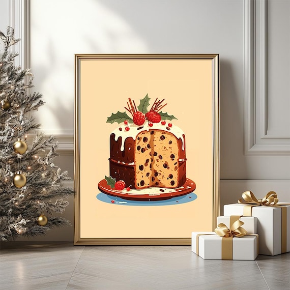 Christmas Panettone Fruit Cake Illustration Festive Kitchen Poster
