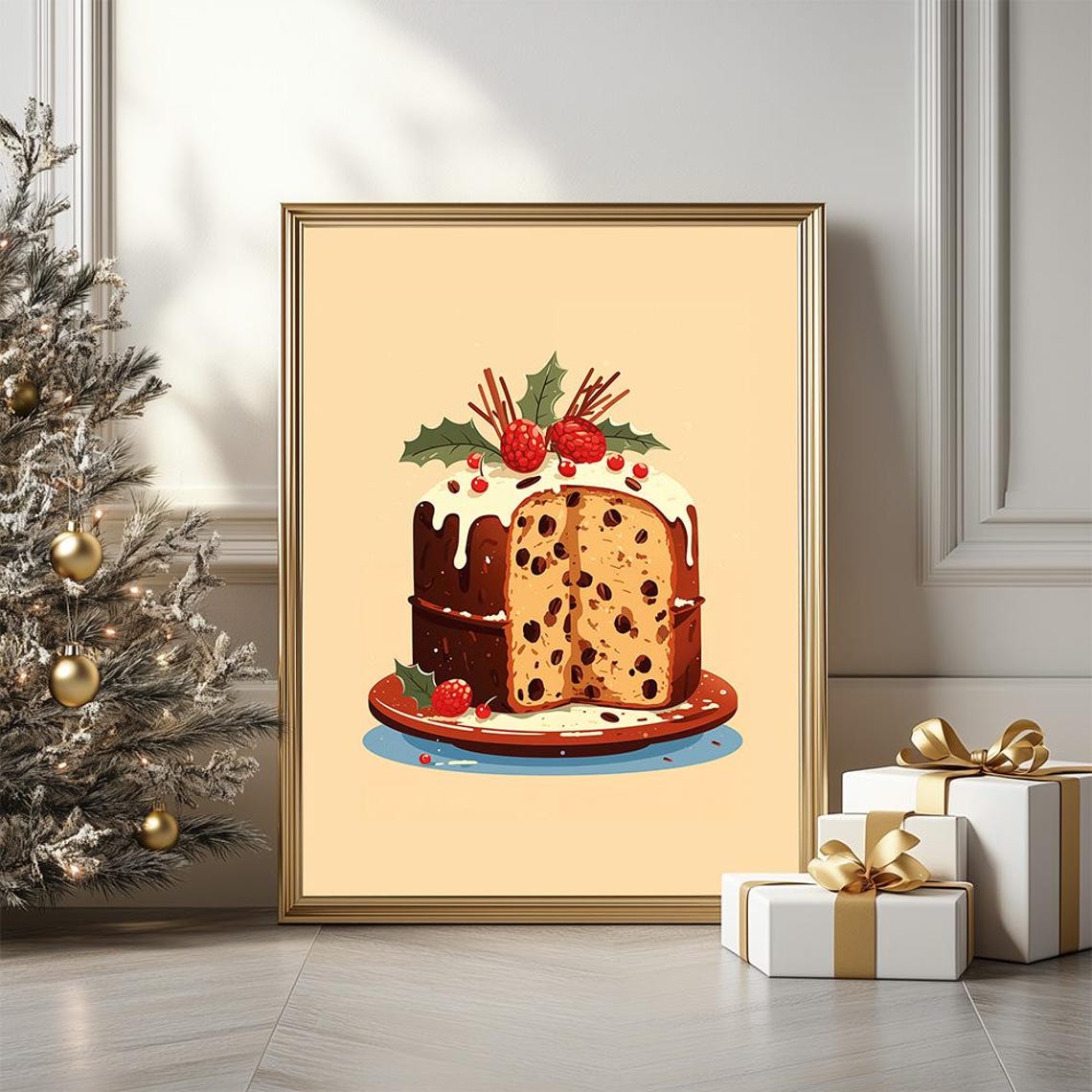 Christmas Panettone Fruit Cake Illustration Festive Kitchen Poster