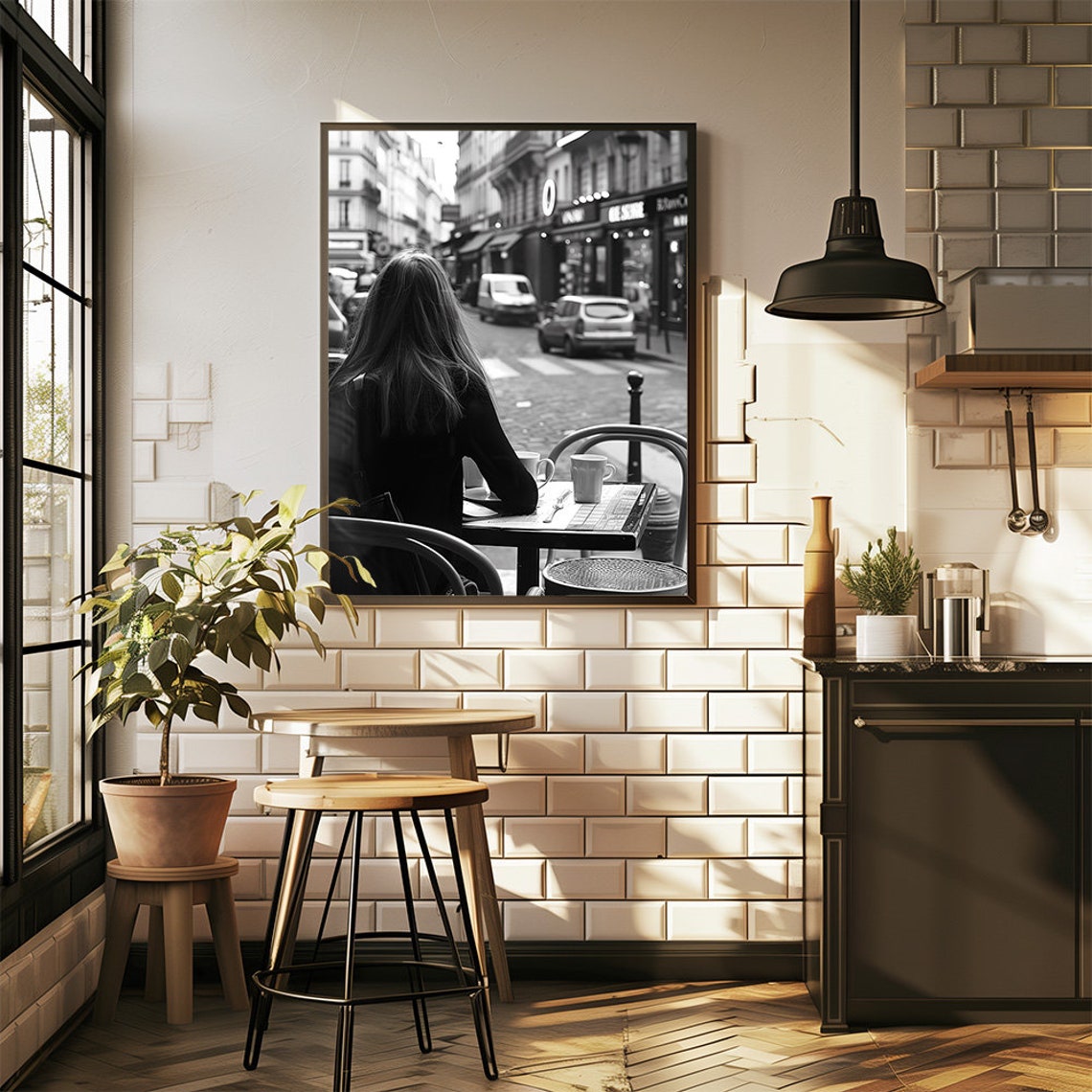 Black And White City Photography Poster For Unique Home Decor Woman In Street Cafe In Paris Wall Print Daily Urban Life - Image 3