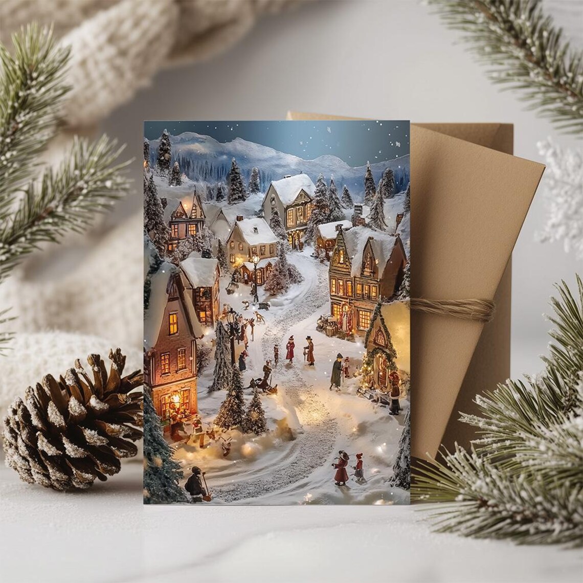 Snowy Christmas Village Night Lights Vintage Holiday Art Poster - Image 3