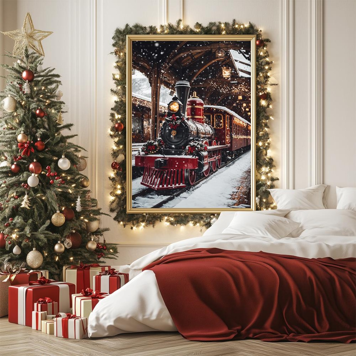 Vintage Christmas Steam Train Snowy Station Holiday Art Poster - Image 2
