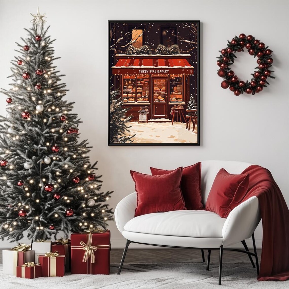 Christmas Bakery Shop Snowy Night Storefront Scene Painting Poster - Image 2