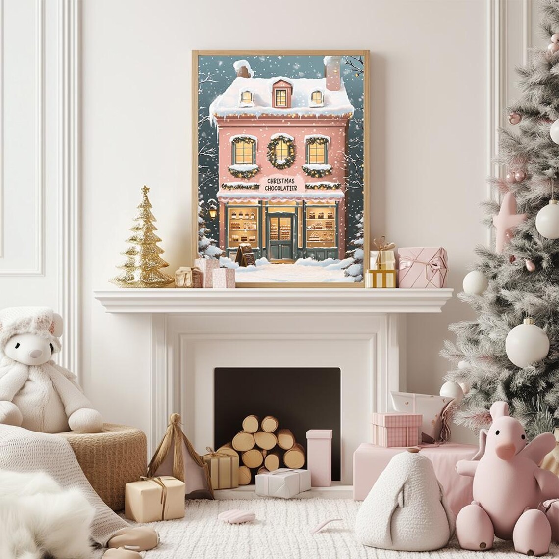 Pink Christmas Chocolatier Shop Snowy Street Scene Painting Poster - Image 2
