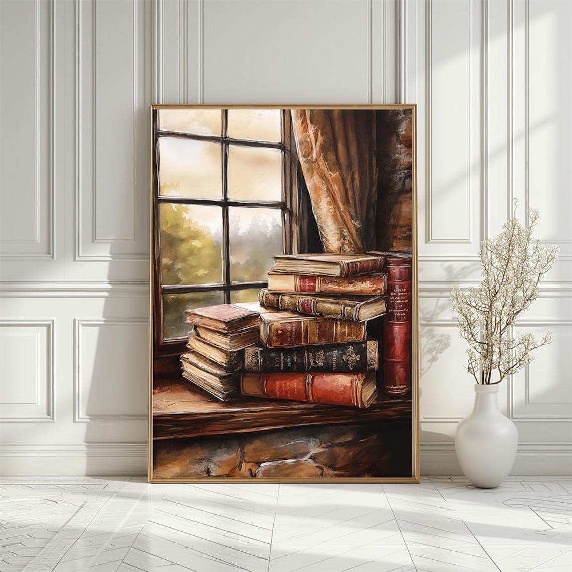 Vintage Books Stacked On Cozy Cottage Window Sill Warm Art Print