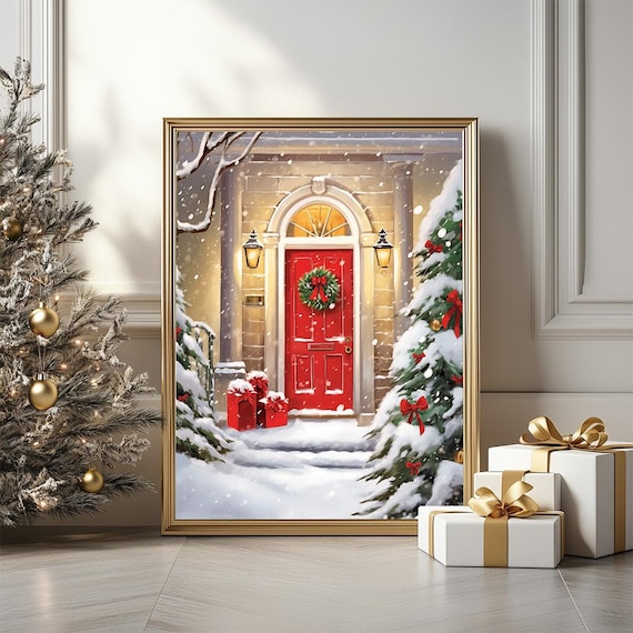 Snowy Red Door Christmas Wreath Lanterns Winter Holiday Poster