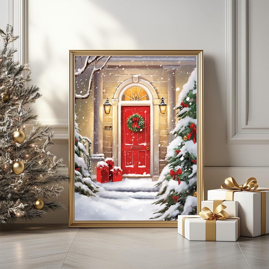 Snowy Red Door Christmas Wreath Lanterns Winter Holiday Poster