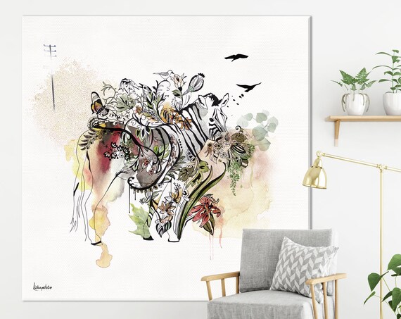 Zebra Watercolor Botanical Floral Fusion Wildlife Nature Poster