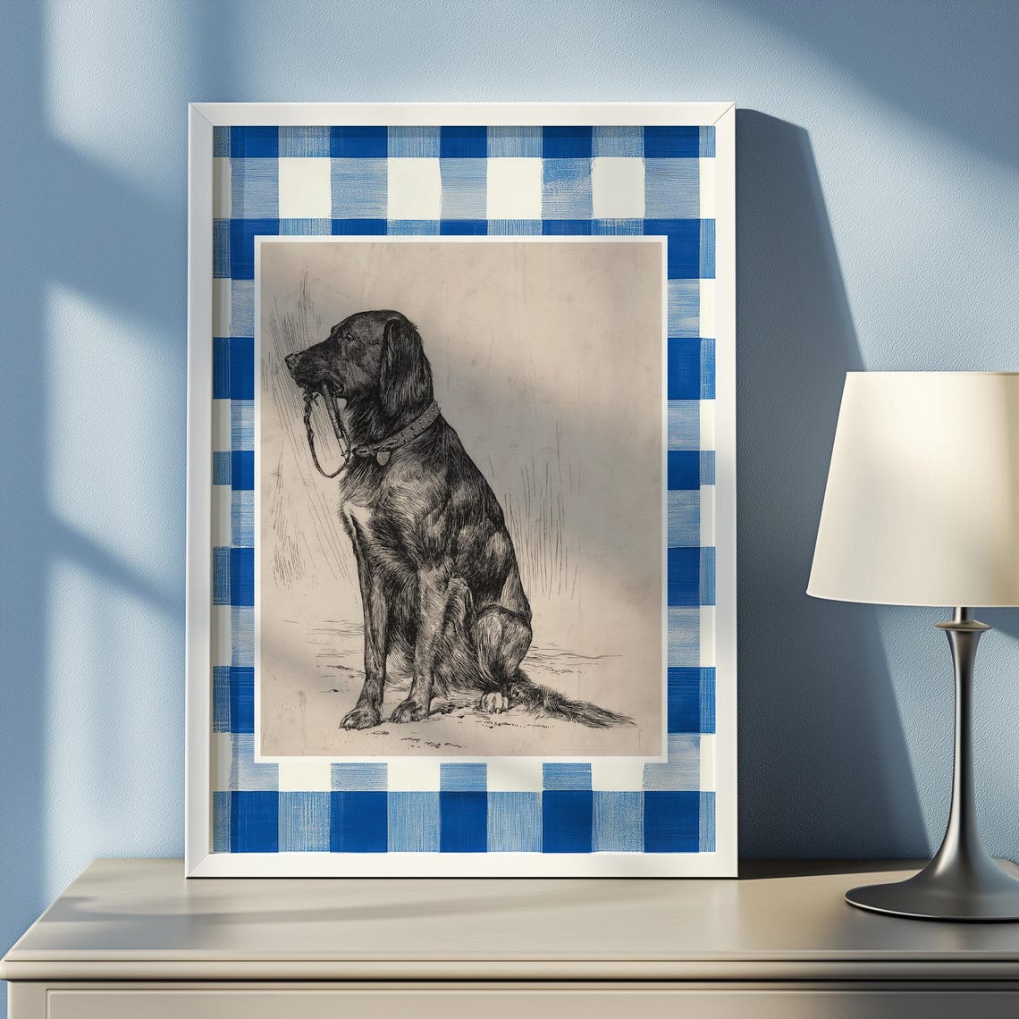 Vintage Dog Engraving Blue Gingham Check Preppy Sporting Art Poster - Image 4