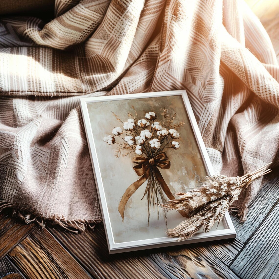 Cotton Boll Bouquet Tied with Brown Ribbon Warm Neutral Floral Print - Image 2