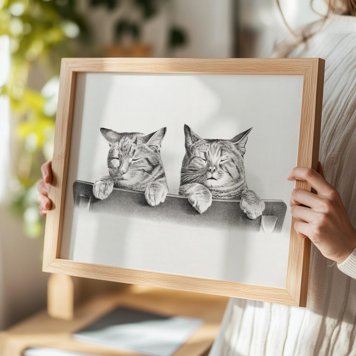 Two Sleepy Tabby Cats Napping Over a Chair Pencil Sketch Poster - Image 5