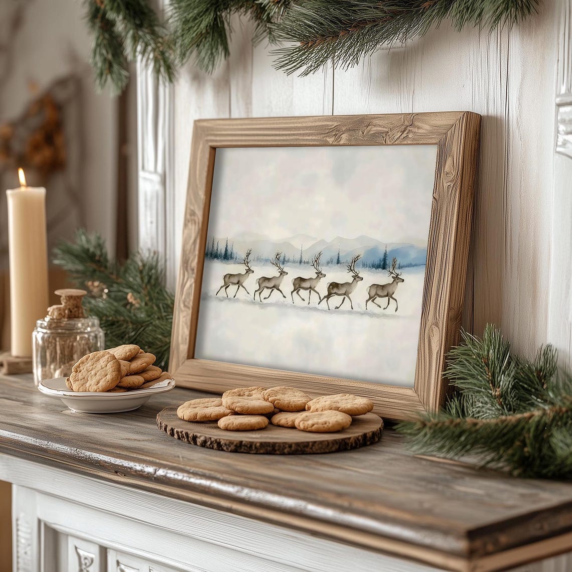 Five Reindeer Running Snowy Winter Mountains Watercolor Scene Poster - Image 2