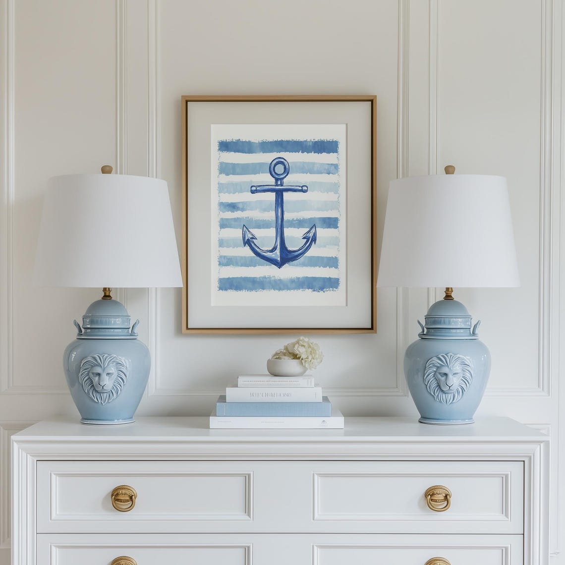 Navy Anchor Watercolor Nautical Stripes Coastal Beach House Poster - Image 4