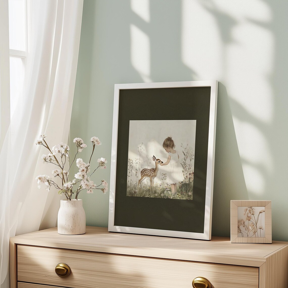 Vintage Little Girl and Fawn Art Print, Nursery Decor - Image 4