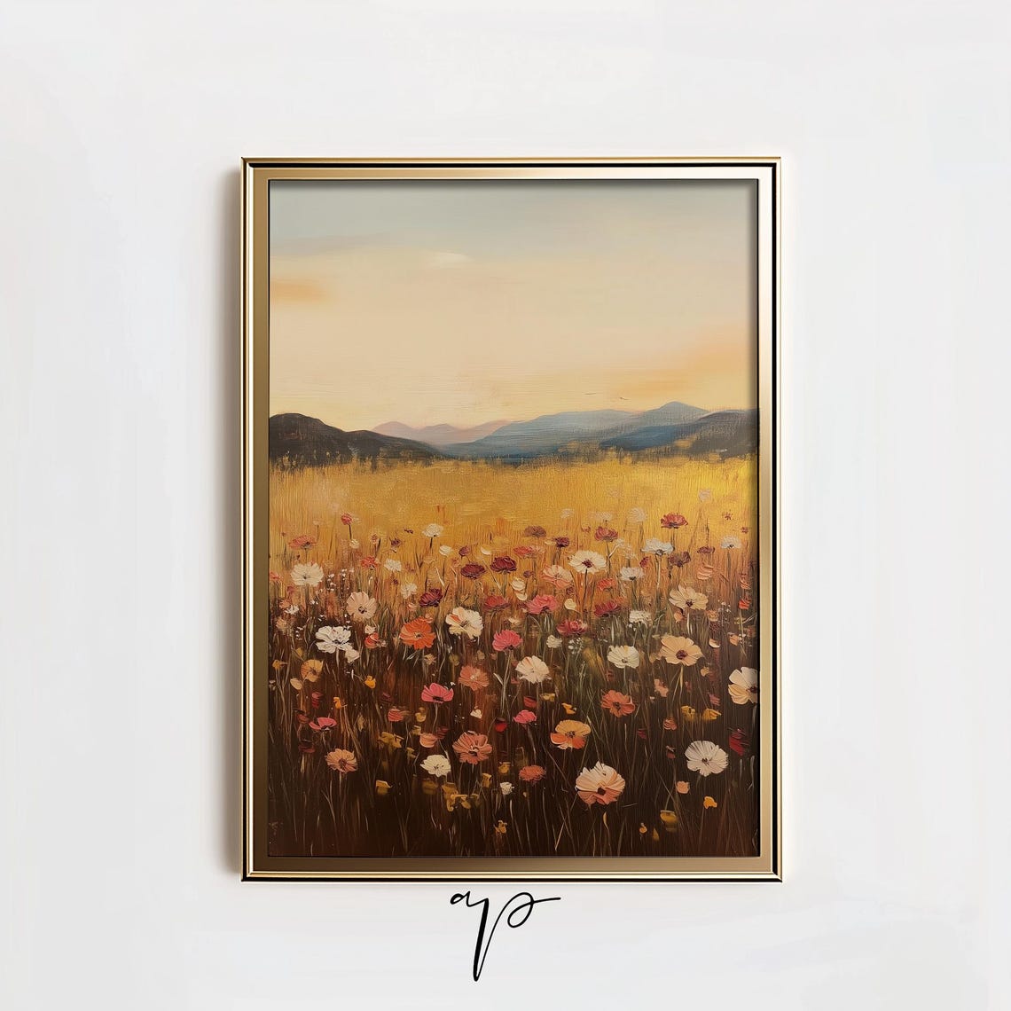 Sunset Wildflower Meadow Golden Field Mountain Landscape Art Poster - Image 3