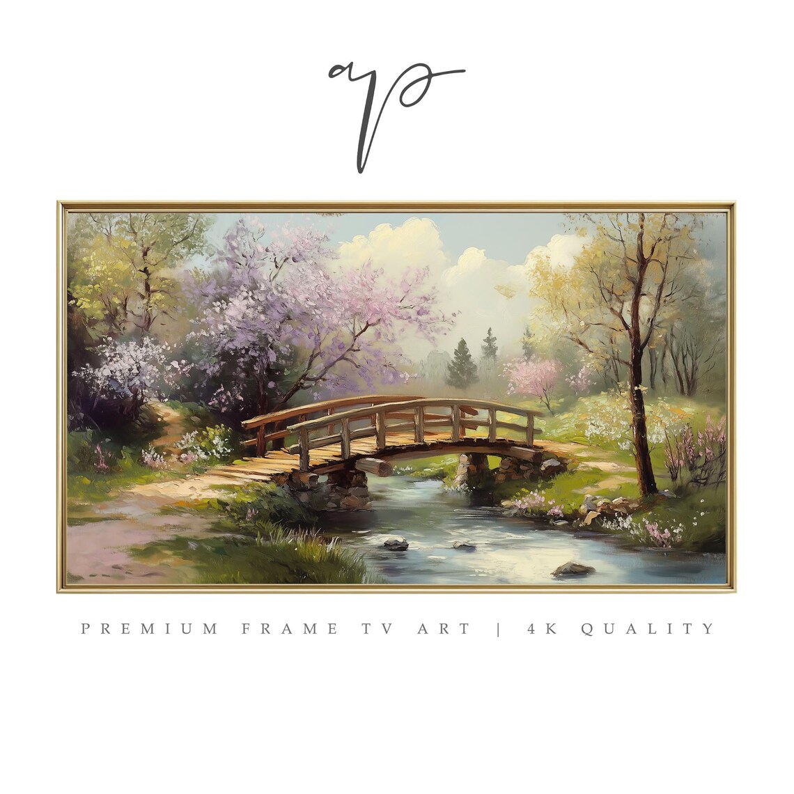 Spring Bridge Over Stream, Peaceful Nature Scene