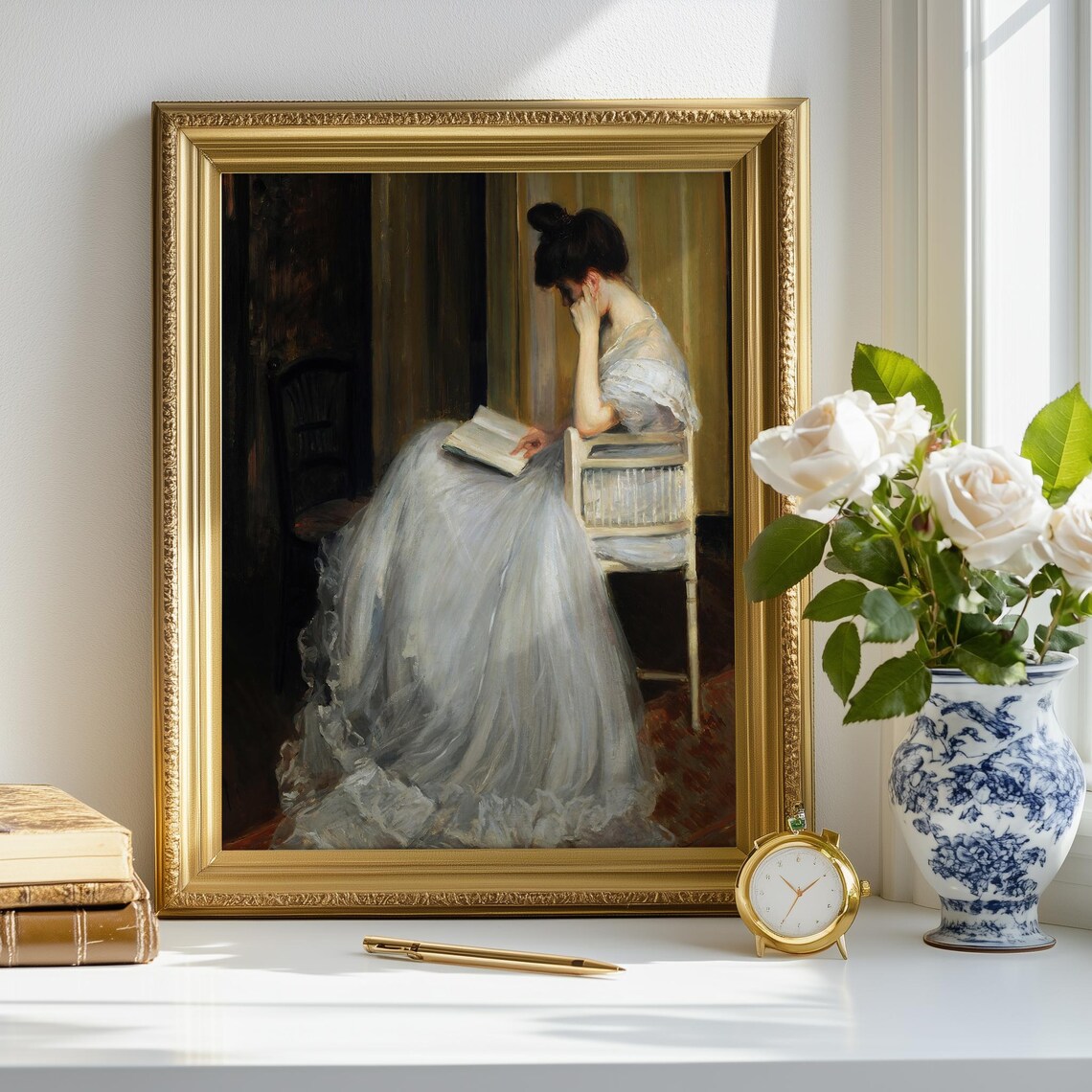 Classic Oil Painting of a Woman Reading in White Dress Poster - Image 3