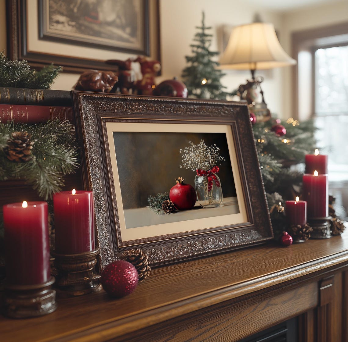 Red Pomegranate Baby Breath Still Life Vintage Holiday Wall Print - Image 3