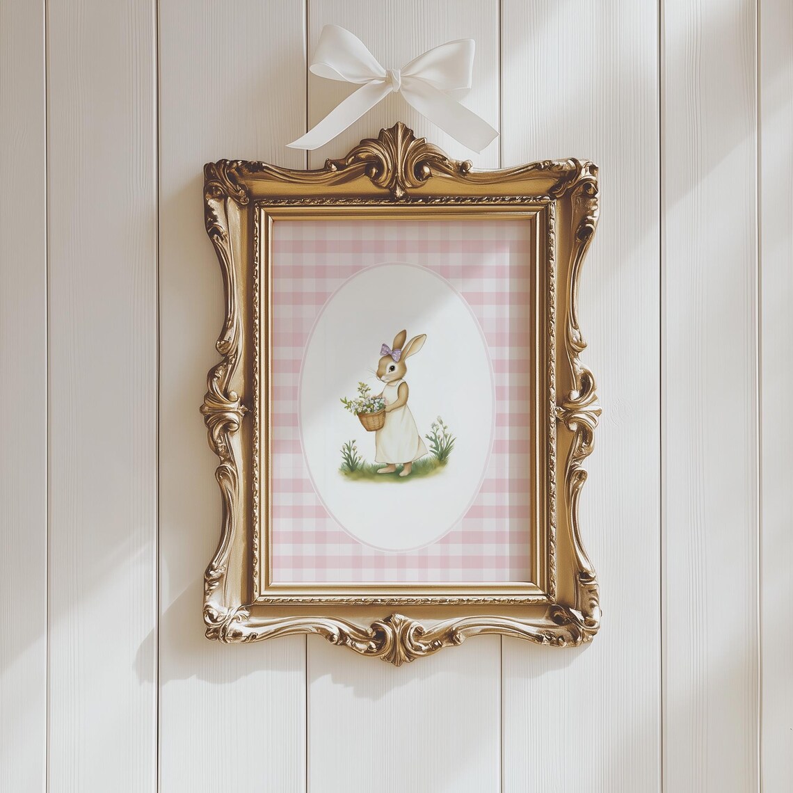 Bunny Girl With Flower Basket On Pink Gingham Nursery Poster - Image 2