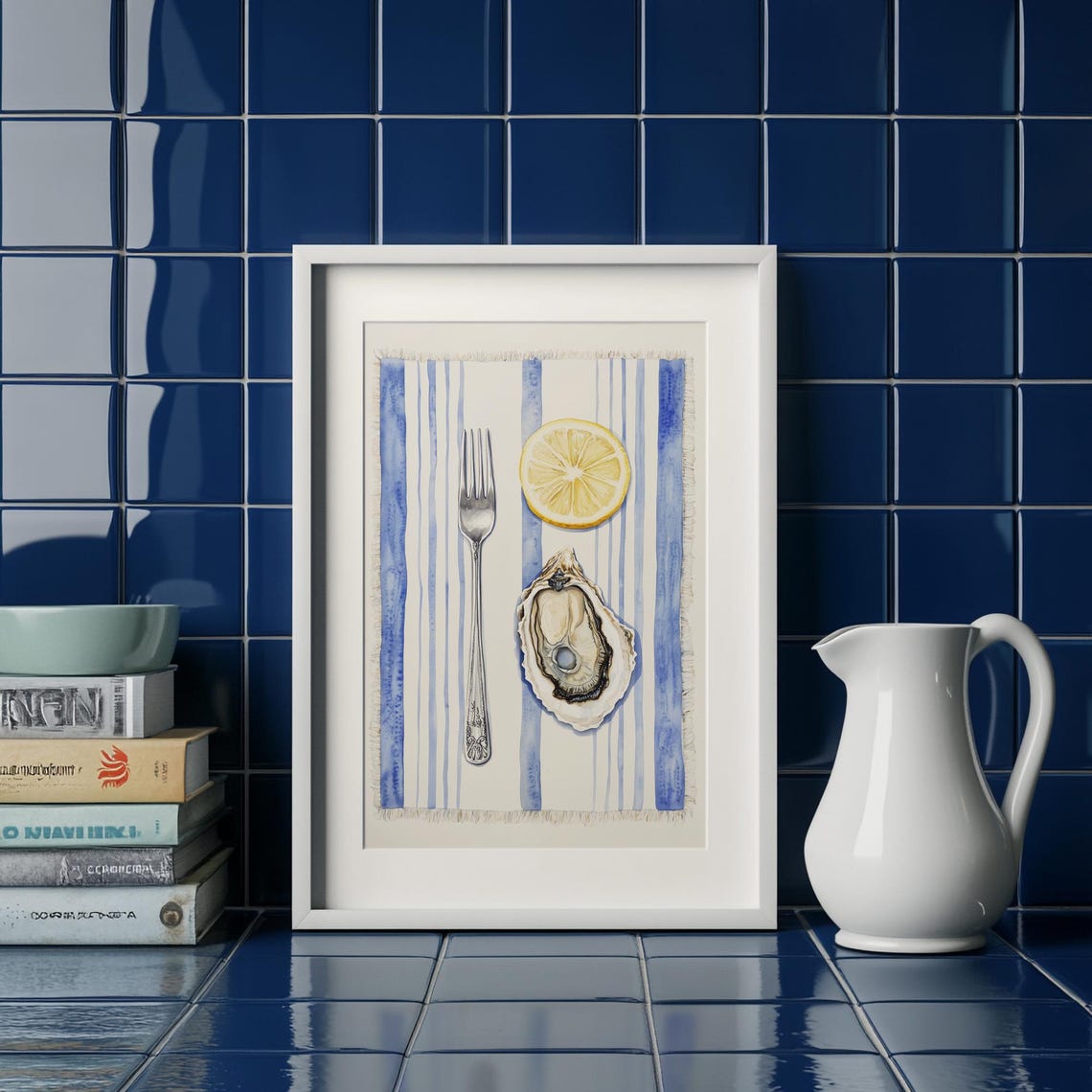 Oyster Fork Lemon Watercolor Seafood Kitchen Navy Stripe Poster - Image 4
