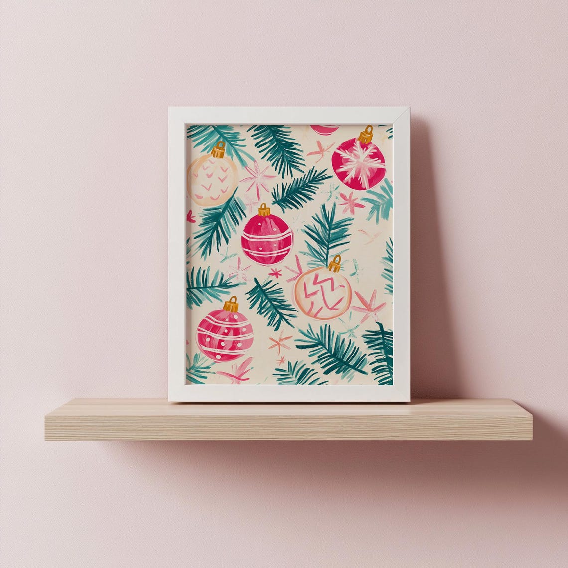 Pink Christmas Ornaments And Pine Branches Pastel Holiday Poster