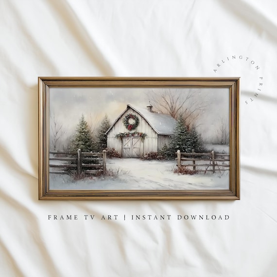 Rustic White Barn Christmas Wreath Snowy Country Farm Winter Poster