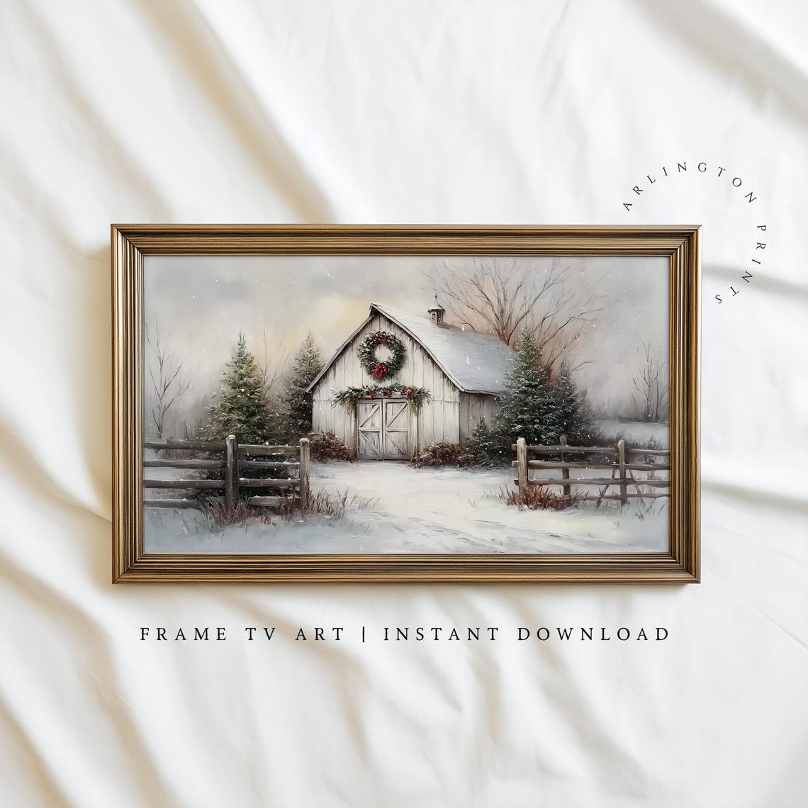 Rustic White Barn Christmas Wreath Snowy Country Farm Winter Poster