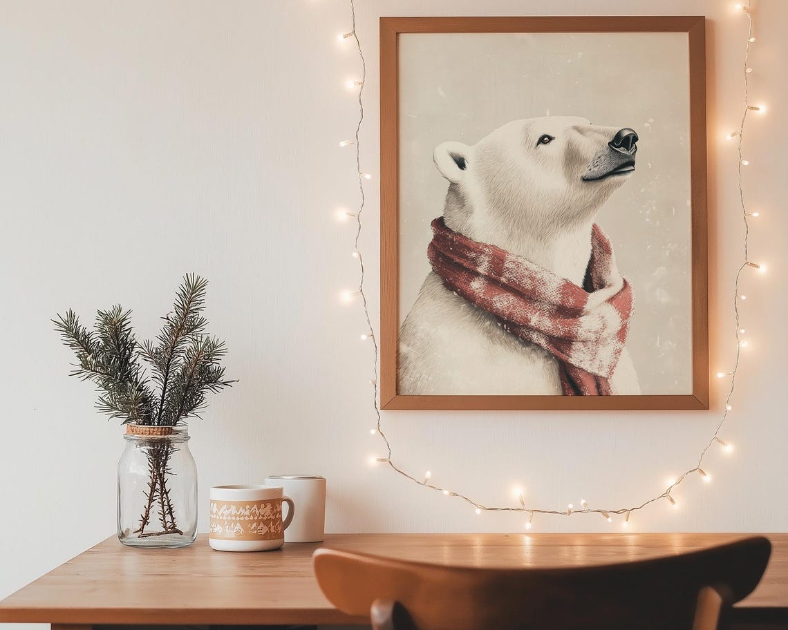 Polar Bear Red Scarf Snowy Portrait White Winter Wildlife Art Poster - Image 2