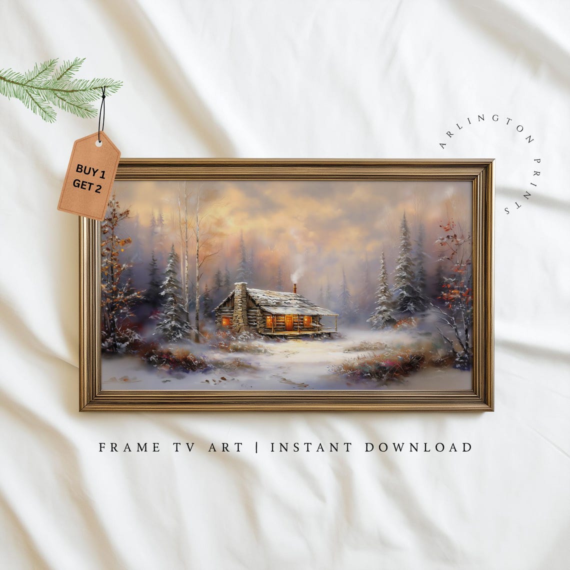 Snowy Winter Log Cabin at Dusk in a Pine Forest Landscape Poster