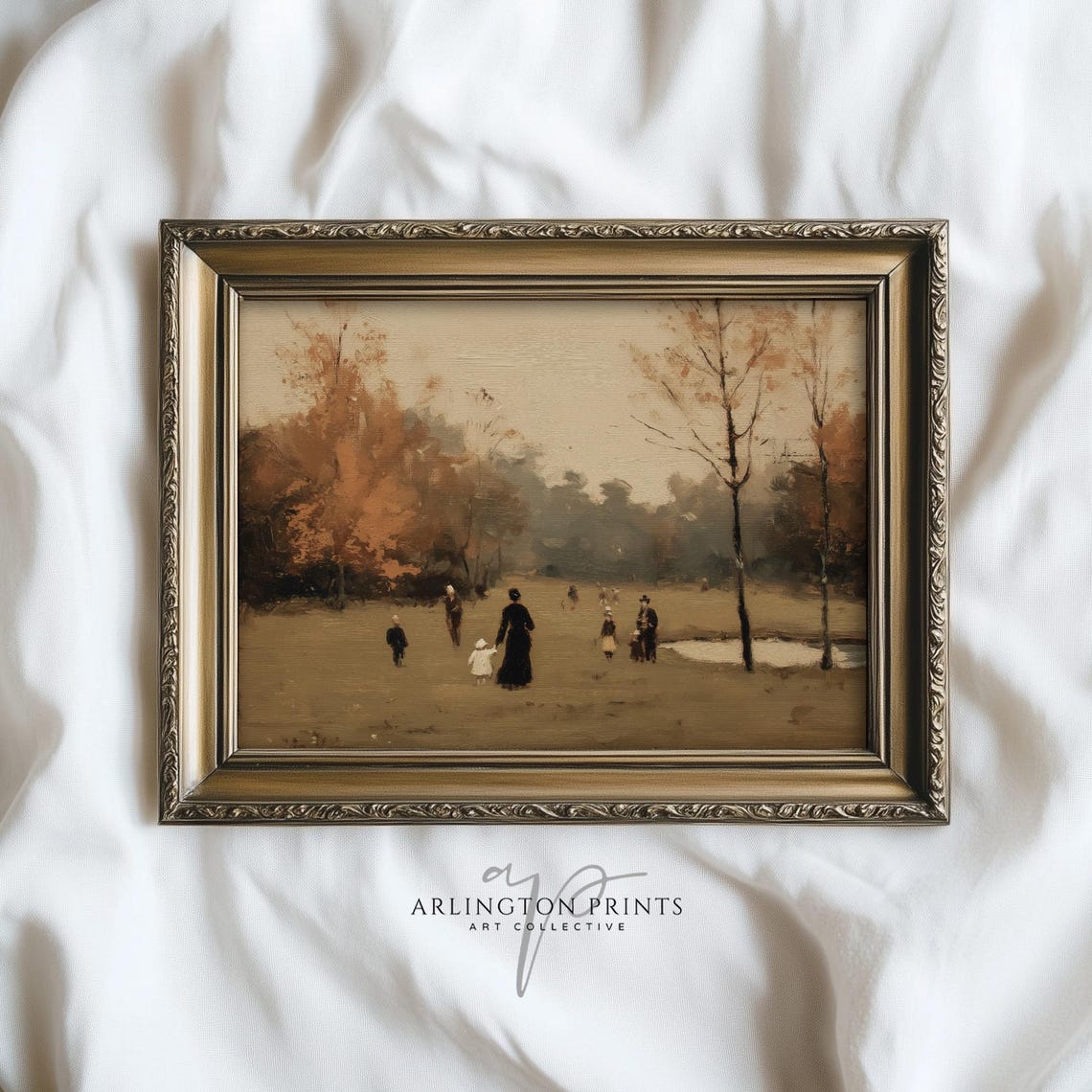 Vintage Autumn Park Families Strolling Muted Oil Painting Wall Art