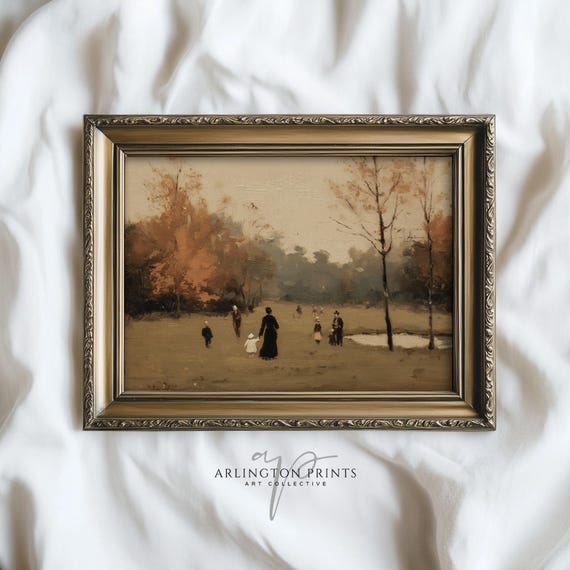 Rustic Autumn Wall Art Vintage Park Painting With Trees And Families Antique Fall Landscape Artwork 5012