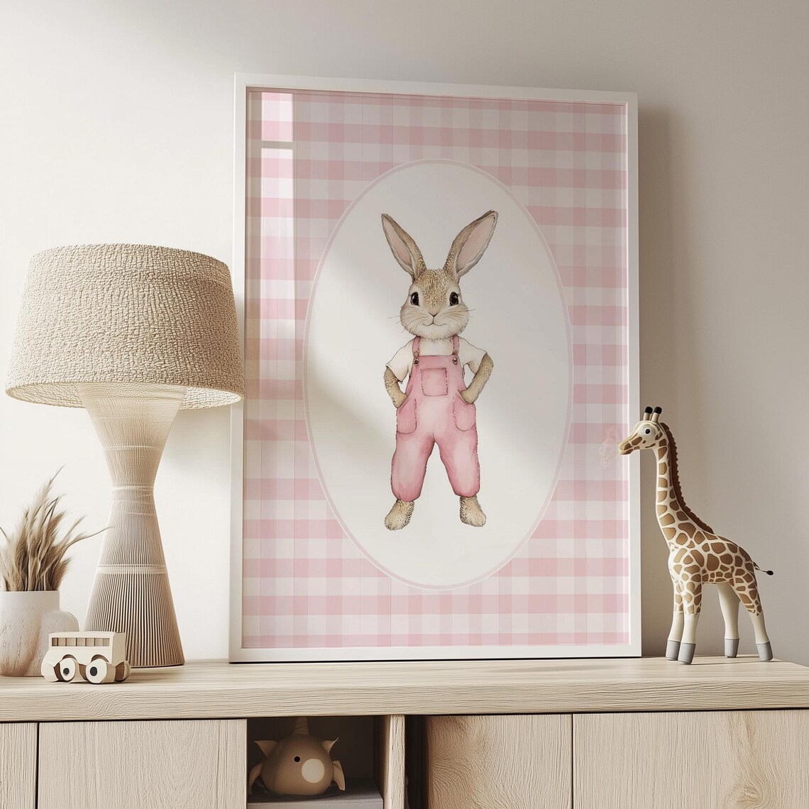 Bunny in Pink Overalls on Gingham Sweet Nursery Rabbit Illustration Print - Image 3