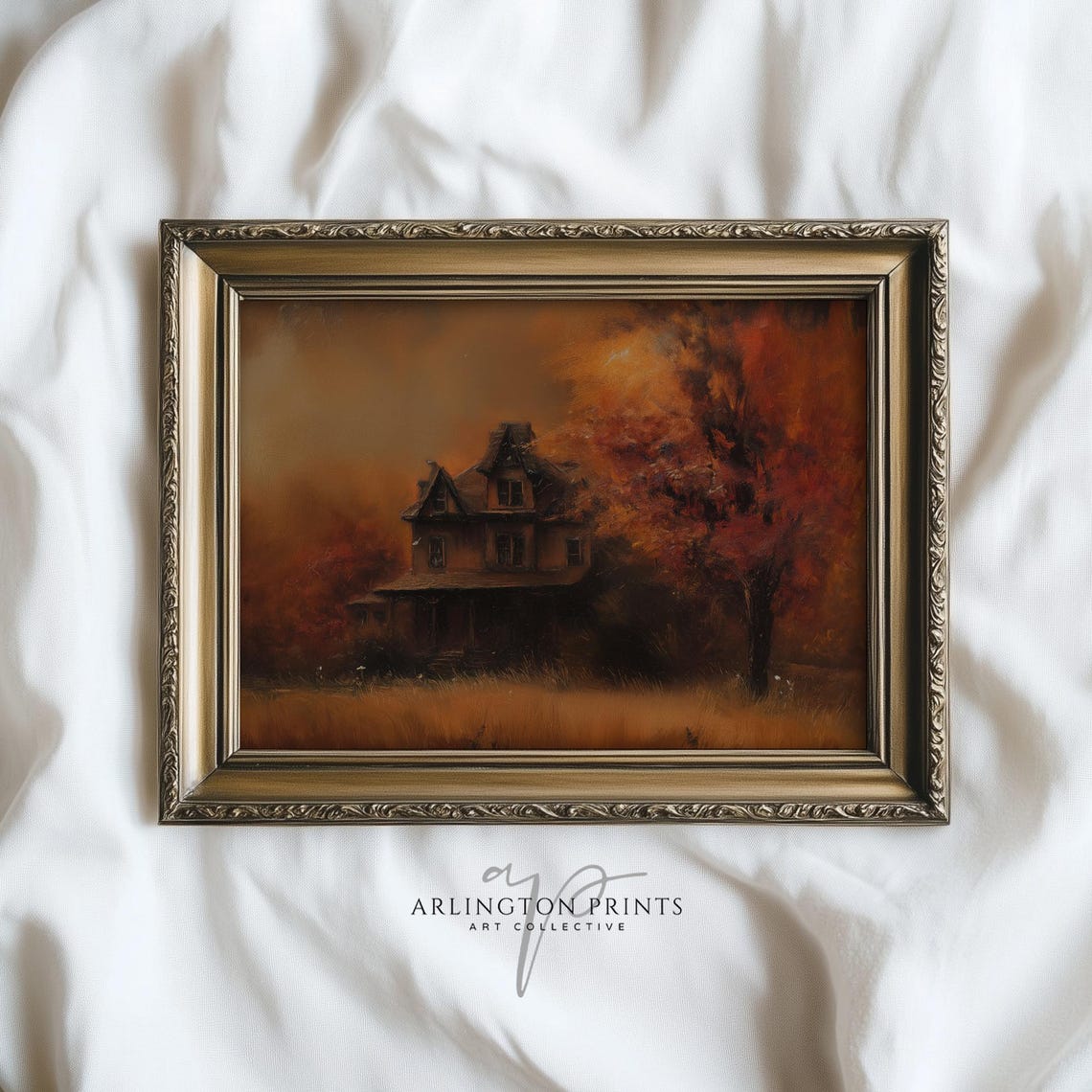 Old Haunted House in Fiery Autumn Woods Rustic Fall Art Print
