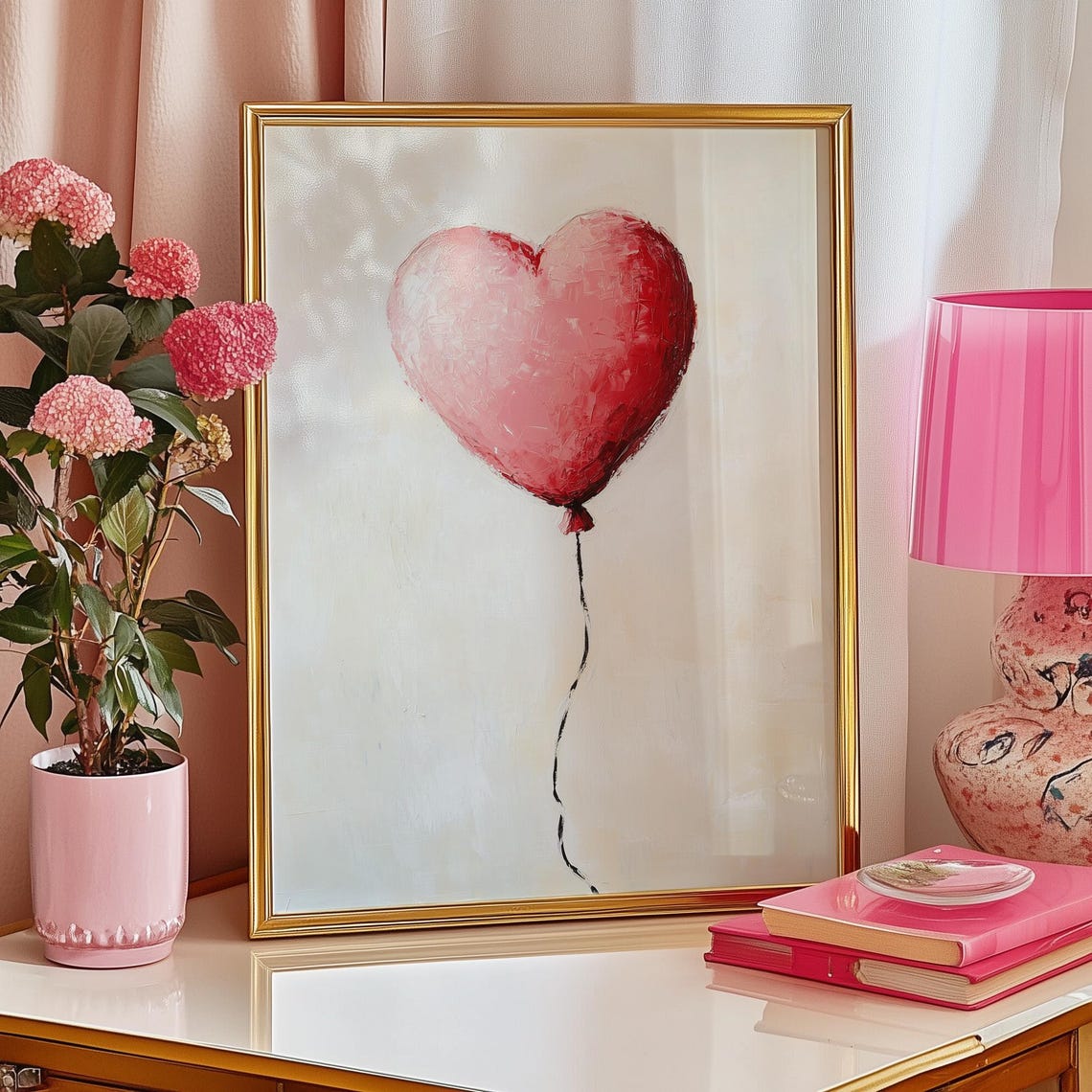 Pink Heart Balloon With String Cream Minimalist Valentine Art Poster - Image 4