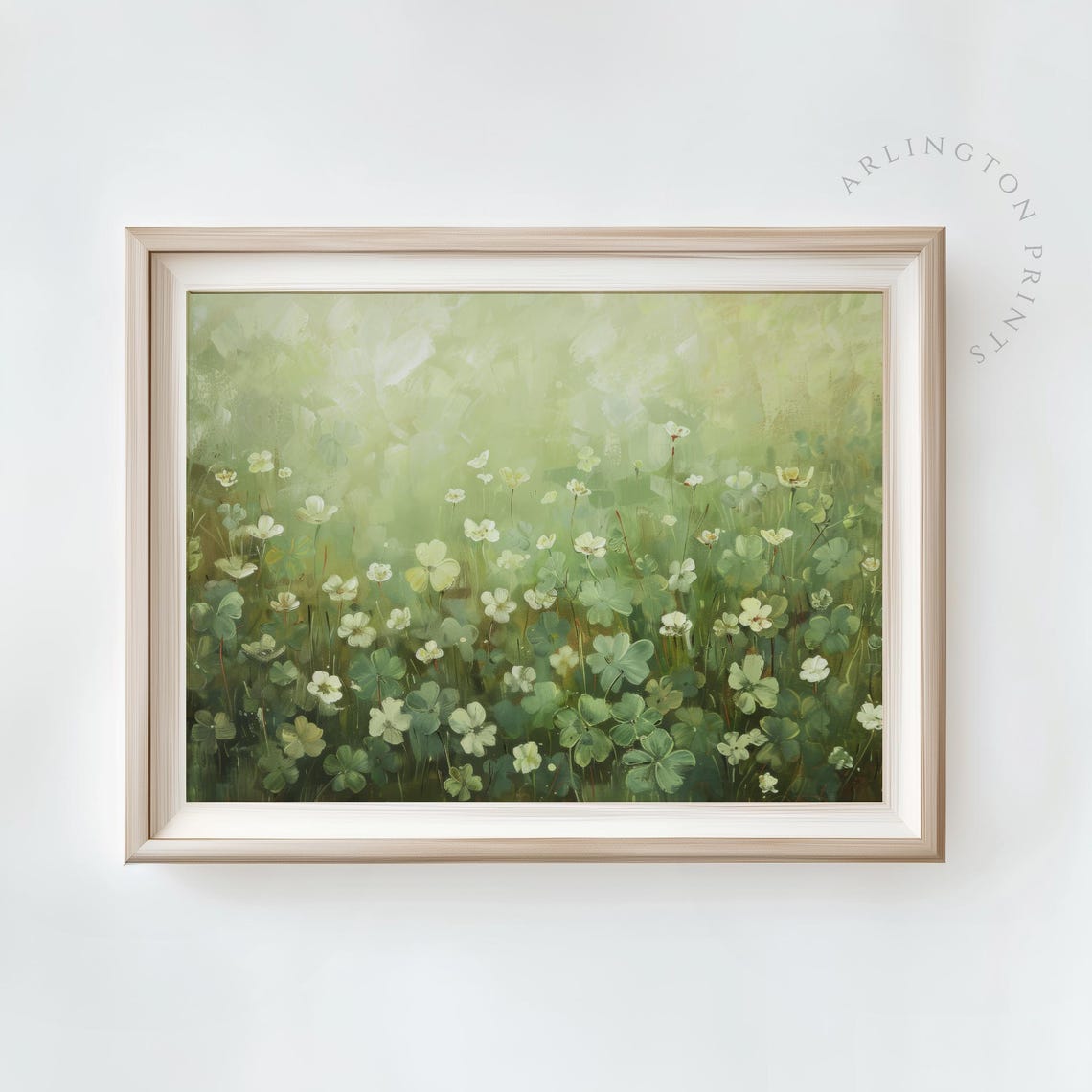 Green Clover Field White Flowers Soft Botanical Peaceful Art Poster - Image 3