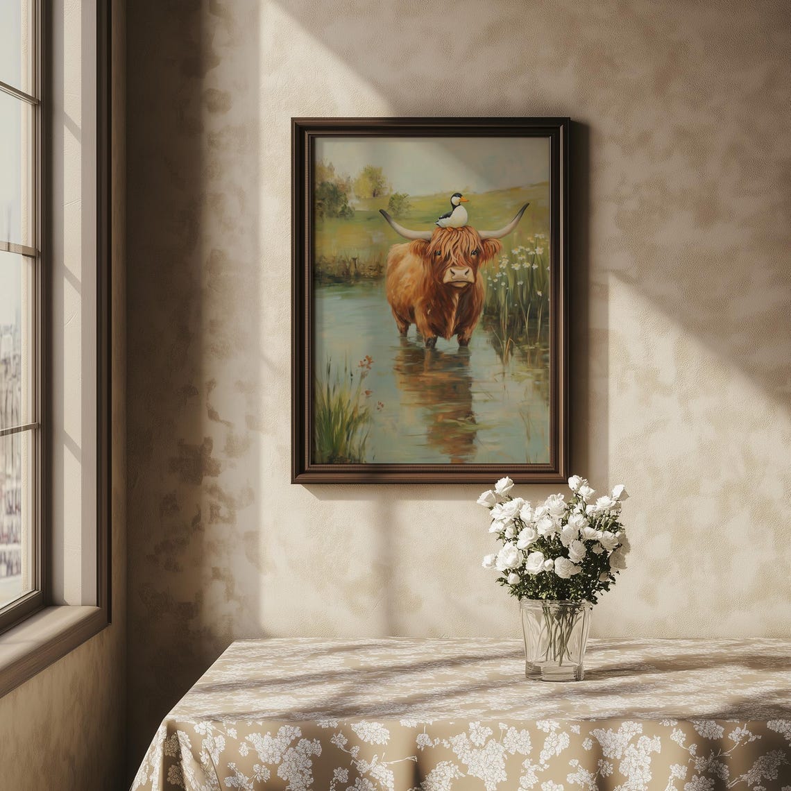Highland Cow with a Duck on Its Head Wading through a Pond Art Poster - Image 3