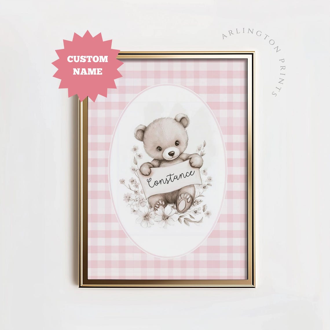 Custom Name Teddy Bear with Pink Ribbon Bow Gingham Nursery Poster - Image 2