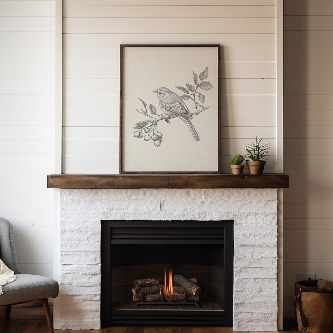 Neutral Bird Sketch Songbird Berry Branch Farmhouse Wall Art - Image 3