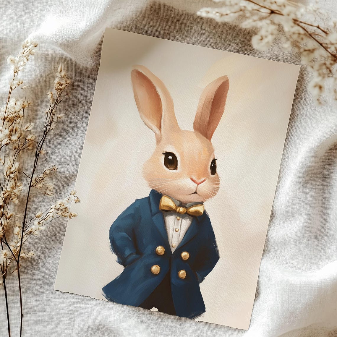 Gentleman Bunny in Blue Jacket Gold Bow Tie Portrait Nursery Poster - Image 4