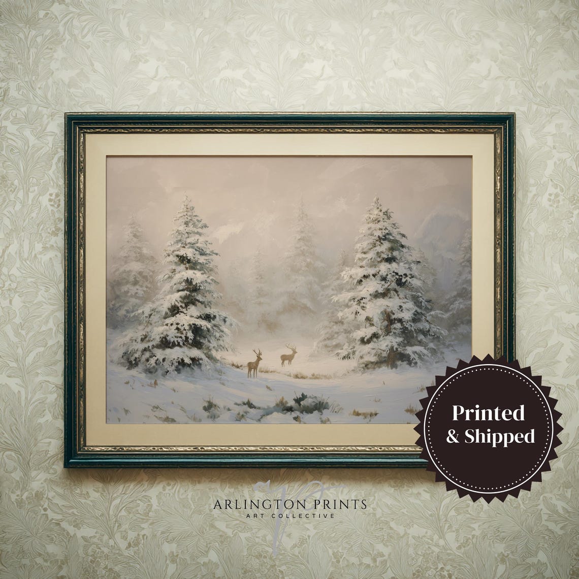 Snowy Deer Winter Forest Painting Peaceful Christmas Landscape Poster
