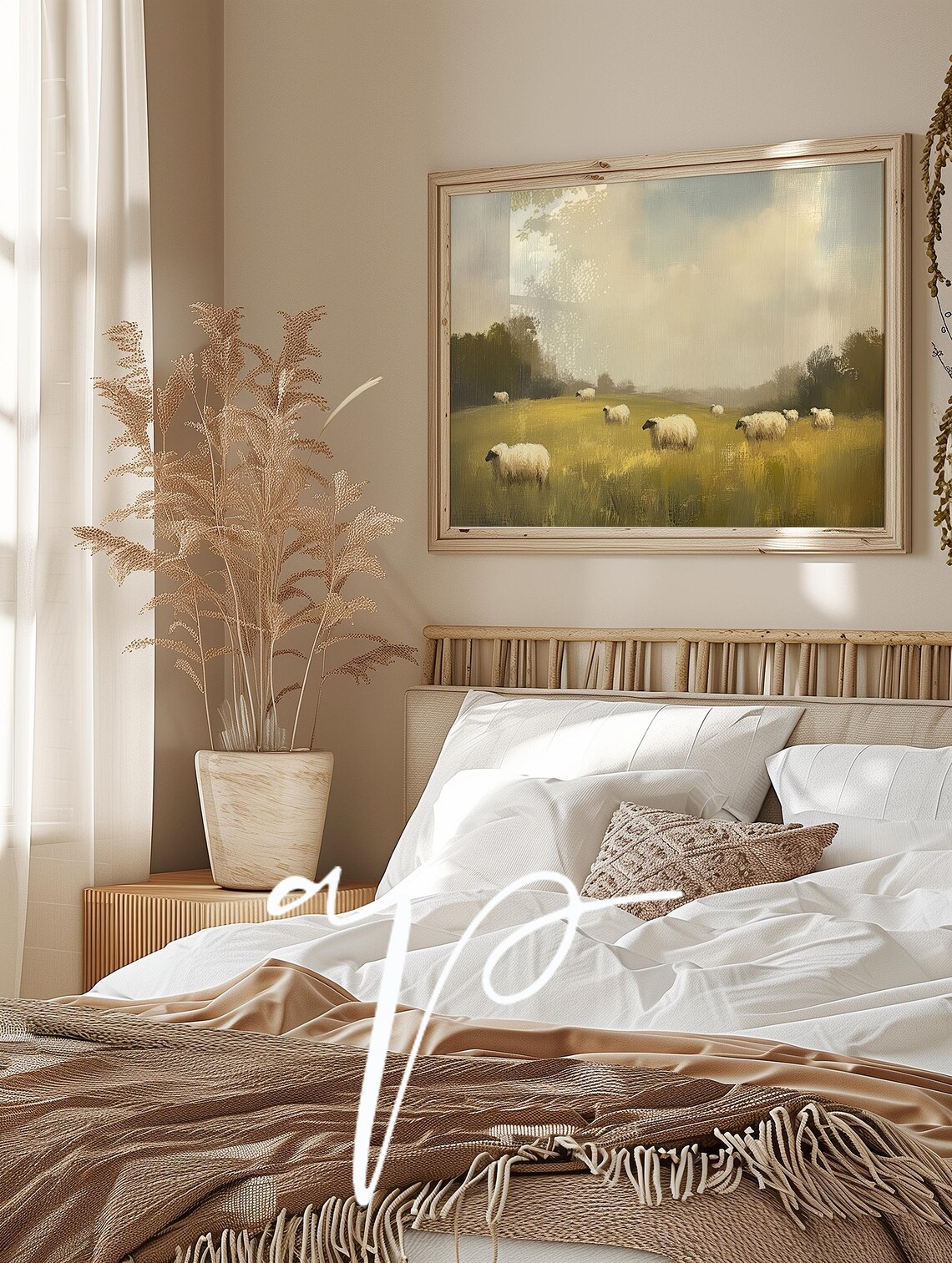 Sheep Grazing in Golden Meadow Soft Pastoral Landscape Oil Print - Image 2
