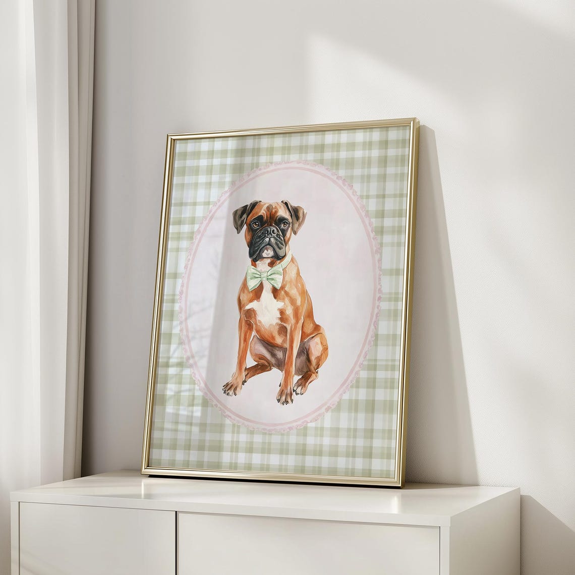 Boxer Dog with Mint Green Bow Tie Gingham Puppy Nursery Decor Poster - Image 5
