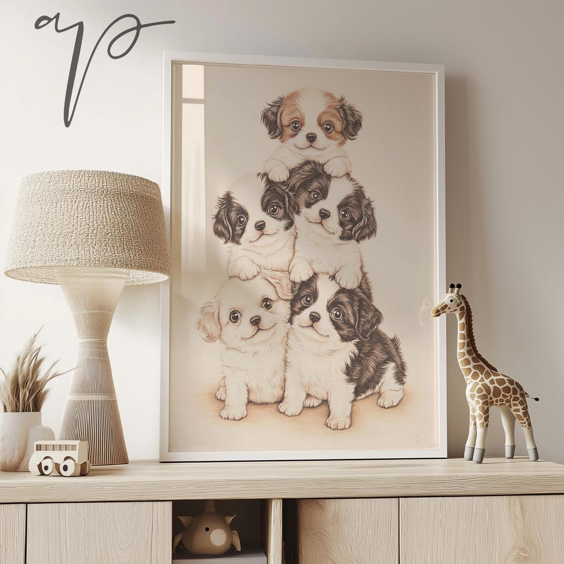 Five Cute Puppies Stacked Pyramid Soft Watercolor Nursery Art Poster - Image 4