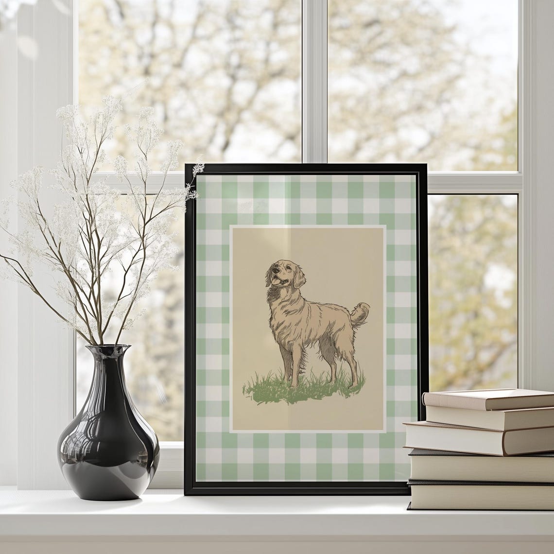 Vintage Golden Retriever Sketch On Green Gingham Nursery Poster - Image 2