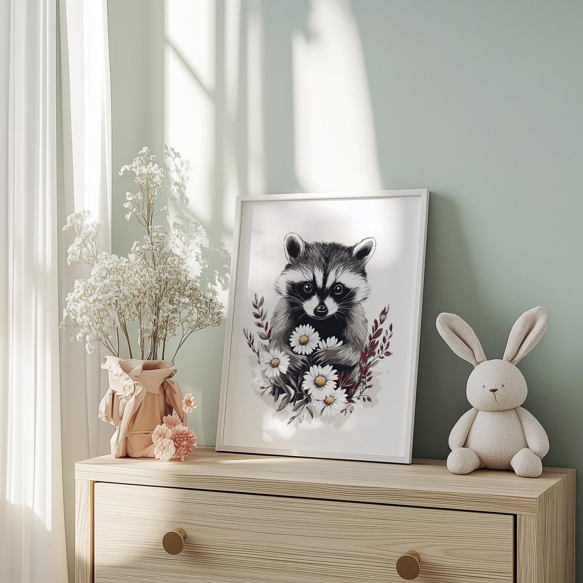 Woodland Neutral Nursery Wall Art Raccoon Sketch Art Country Farmhouse Woodland Animal Print T866 - Image 4