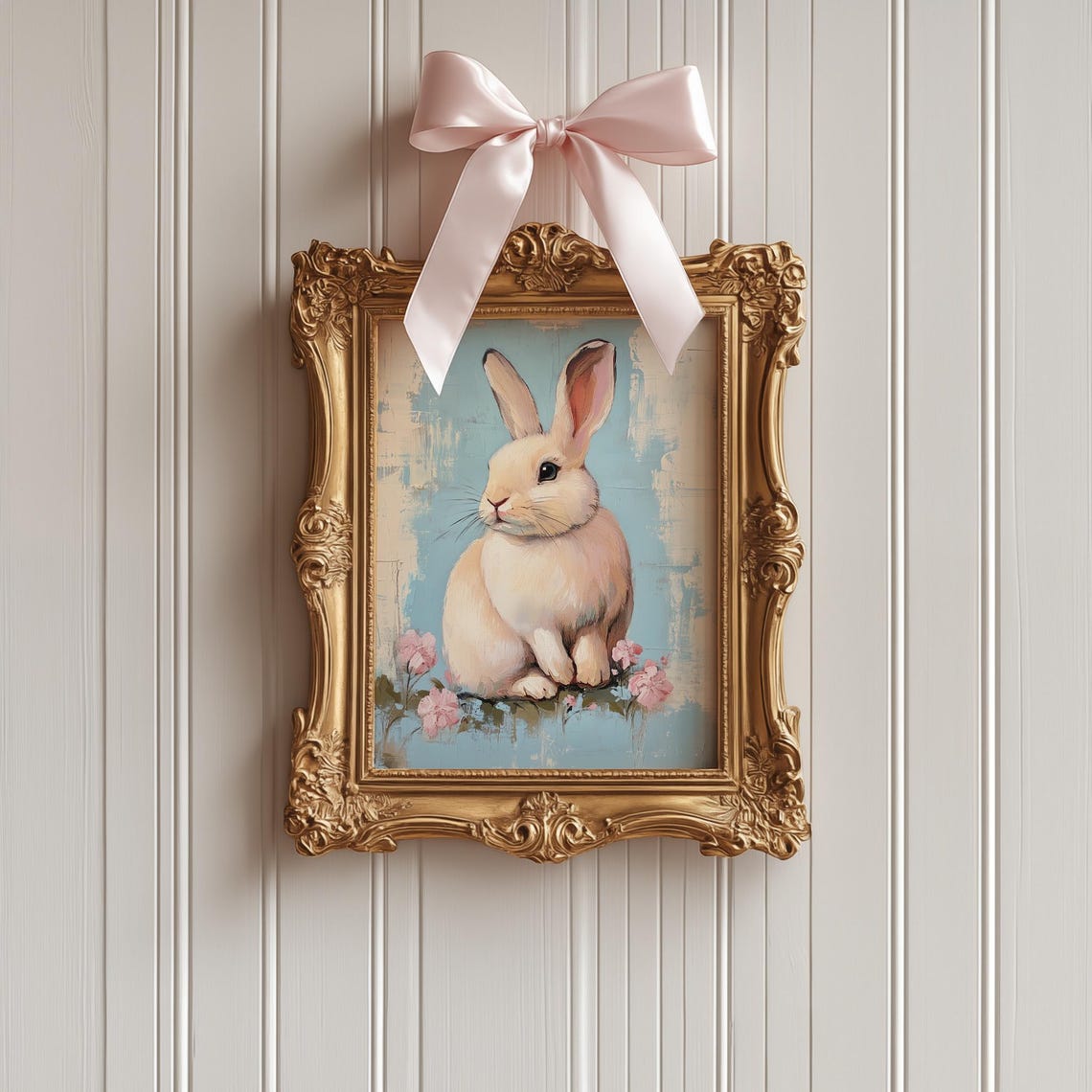 White Bunny With Pink Blossoms Vintage Blue Spring Art Poster - Image 4