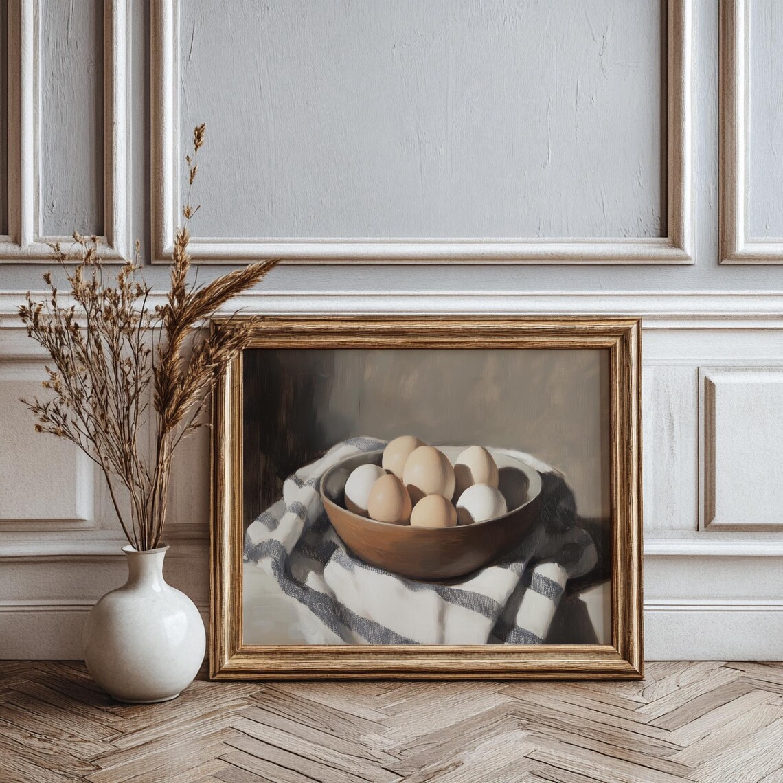 Wooden Bowl Of Farm Eggs On Striped Linen Oil Painting Poster - Image 3
