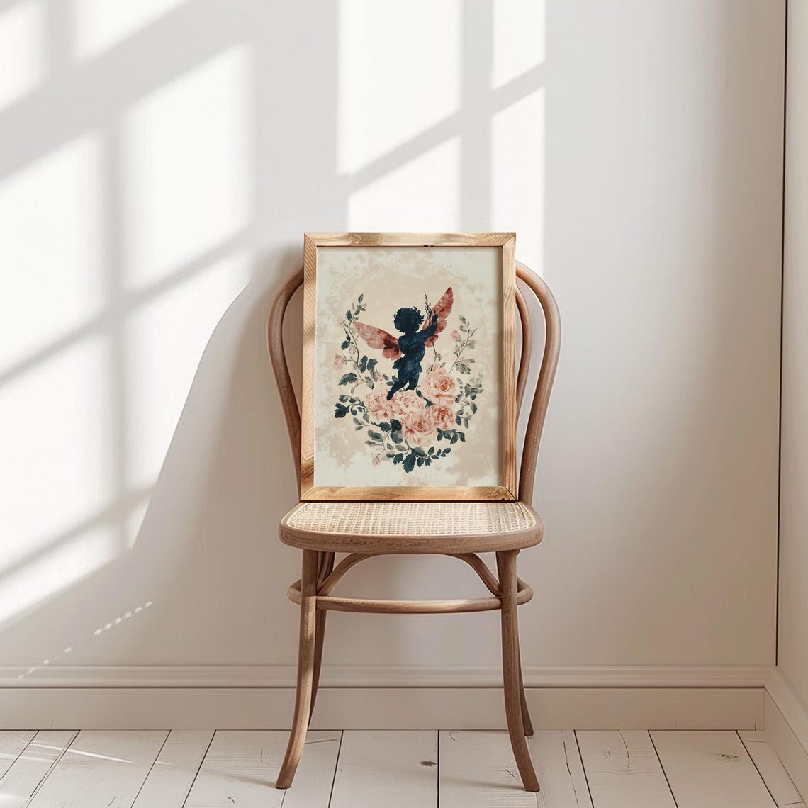 Cherub Silhouette with Rose Wings Among Blush Roses Romantic Print - Image 2