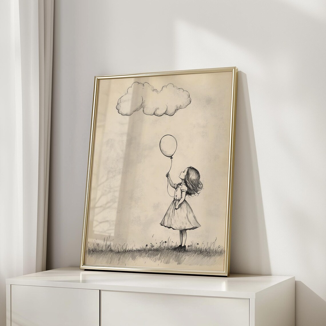 Little Girl Holding Balloon Under Cloud Vintage Sketch Nursery Poster - Image 5